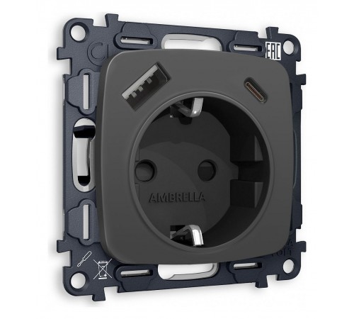 Розетка с заземлением и 2хUSB type A и C, без рамки Ambrella Volt MO910010 Quant Розетка с заземлением и 2хUSB type A и C, без рамки Ambrella Volt MO910010 Quant