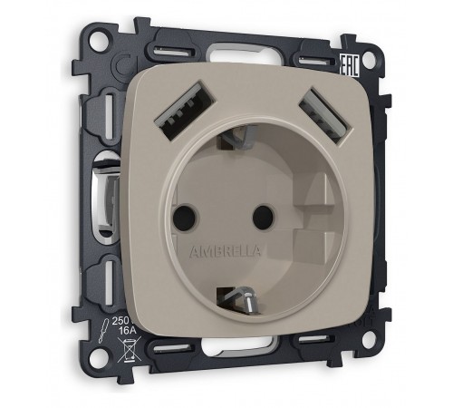 Розетка с заземлением и 2хUSB type A, без рамки Ambrella Volt MO369010 Quant Розетка с заземлением и 2хUSB type A, без рамки Ambrella Volt MO369010 Quant