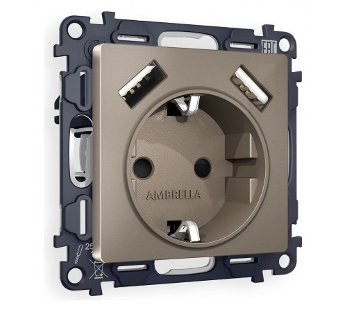 Розетка с заземлением и со шторкой и 2хUSB type A, без рамки Ambrella Volt MA639010 Quant Розетка с заземлением и со шторкой и 2хUSB type A, без рамки Ambrella Volt MA639010 Quant