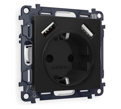 Розетка с заземлением и со шторкой и 2хUSB type A, без рамки Ambrella Volt MA809010 Quant Розетка с заземлением и со шторкой и 2хUSB type A, без рамки Ambrella Volt MA809010 Quant