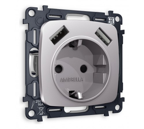 Розетка с заземлением и 2хUSB type A, без рамки Ambrella Volt MO509010 Quant Розетка с заземлением и 2хUSB type A, без рамки Ambrella Volt MO509010 Quant