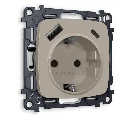 Розетка с заземлением и 2хUSB type A и C, без рамки Ambrella Volt MO370010 Quant