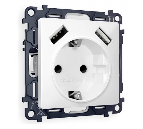 Розетка с заземлением и со шторкой и 2хUSB type A, без рамки Ambrella Volt MA129010 Quant Розетка с заземлением и со шторкой и 2хUSB type A, без рамки Ambrella Volt MA129010 Quant