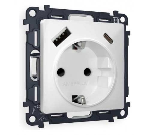 Розетка с заземлением и 2хUSB type A и C, без рамки Ambrella Volt MA130010 Quant Розетка с заземлением и 2хUSB type A и C, без рамки Ambrella Volt MA130010 Quant