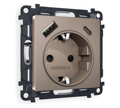 Розетка с заземлением и 2хUSB type A и C, без рамки Ambrella Volt MA640010 Quant Розетка с заземлением и 2хUSB type A и C, без рамки Ambrella Volt MA640010 Quant