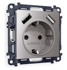 Розетка с заземлением и со шторкой и 2хUSB type A, без рамки Ambrella Volt MA509010 Quant