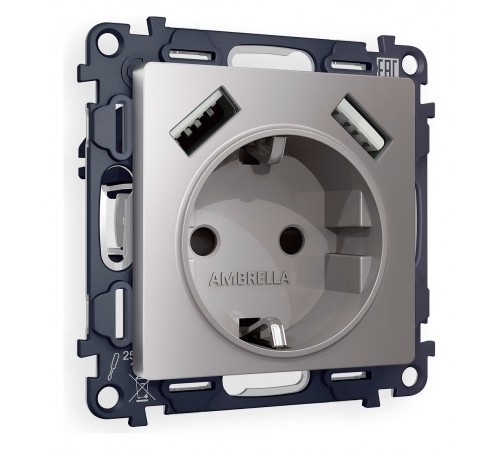 Розетка с заземлением и со шторкой и 2хUSB type A, без рамки Ambrella Volt MA509010 Quant Розетка с заземлением и со шторкой и 2хUSB type A, без рамки Ambrella Volt MA509010 Quant