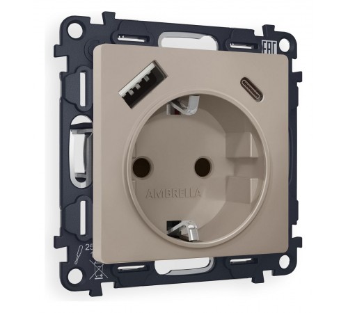Розетка с заземлением и 2хUSB type A и C, без рамки Ambrella Volt MA370010 Quant Розетка с заземлением и 2хUSB type A и C, без рамки Ambrella Volt MA370010 Quant
