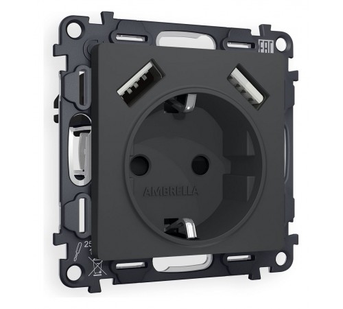 Розетка с заземлением и со шторкой и 2хUSB type A, без рамки Ambrella Volt MA909010 Quant Розетка с заземлением и со шторкой и 2хUSB type A, без рамки Ambrella Volt MA909010 Quant