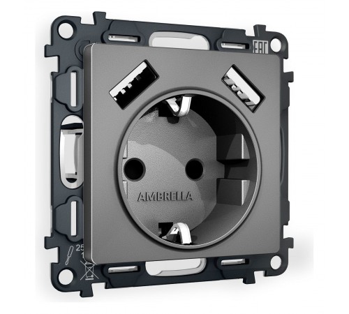 Розетка с заземлением и со шторкой и 2хUSB type A, без рамки Ambrella Volt MA659010 Quant Розетка с заземлением и со шторкой и 2хUSB type A, без рамки Ambrella Volt MA659010 Quant