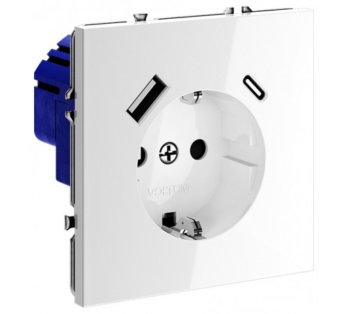 Розетка с заземлением и со шторкой и 2хUSB type A и C, без рамки Voltum VLS040501 S70 Розетка с заземлением и со шторкой и 2хUSB type A и C, без рамки Voltum VLS040501 S70