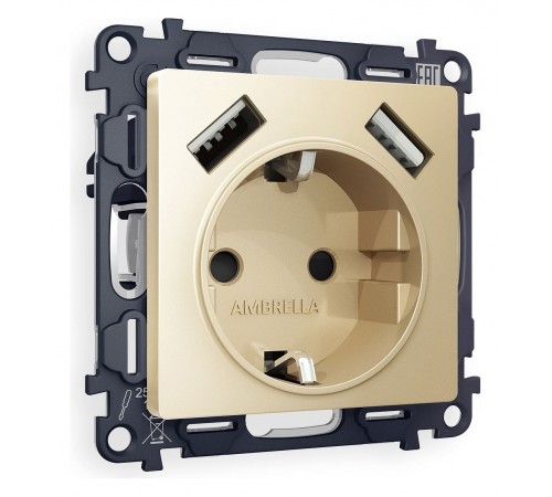 Розетка с заземлением и со шторкой и 2хUSB type A, без рамки Ambrella Volt MA609010 Quant Розетка с заземлением и со шторкой и 2хUSB type A, без рамки Ambrella Volt MA609010 Quant