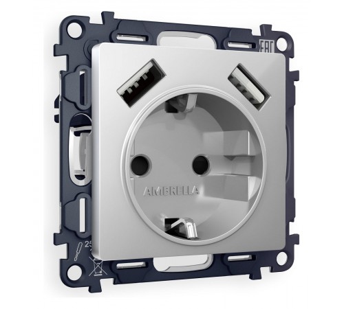 Розетка с заземлением и со шторкой и 2хUSB type A, без рамки Ambrella Volt MA409010 Quant Розетка с заземлением и со шторкой и 2хUSB type A, без рамки Ambrella Volt MA409010 Quant