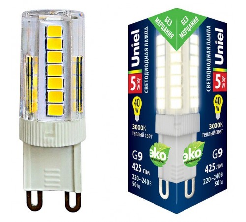 Лампа светодиодная Uniel LED-JCD-5W/3000K/G9/CL GLZ09TR картон Лампа светодиодная Uniel LED-JCD-5W/3000K/G9/CL GLZ09TR картон