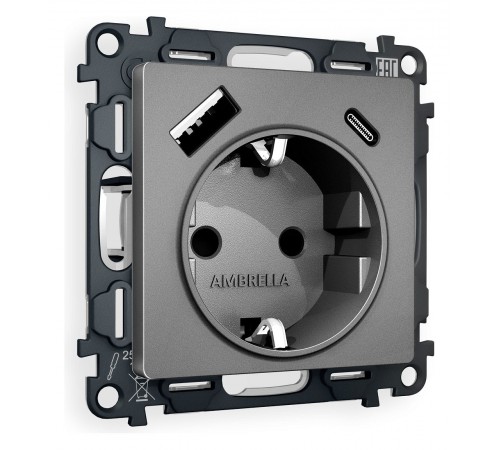 Розетка с заземлением и 2хUSB type A и C, без рамки Ambrella Volt MA660010 Quant Розетка с заземлением и 2хUSB type A и C, без рамки Ambrella Volt MA660010 Quant