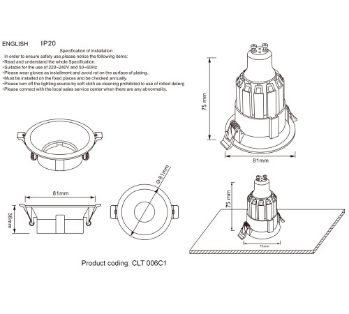 Светильник встраиваемый Crystal Lux CLT 006C1 WH Светильник встраиваемый Crystal Lux CLT 006C1 WH