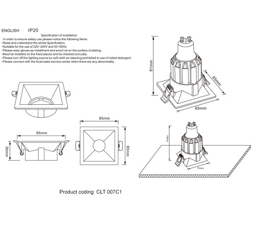 Светильник встраиваемый Crystal Lux CLT 007C1 BL Светильник встраиваемый Crystal Lux CLT 007C1 BL